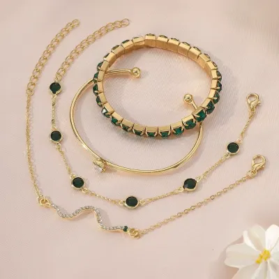 4 pcs Rhinestone Green Gemstone Bracelet Set